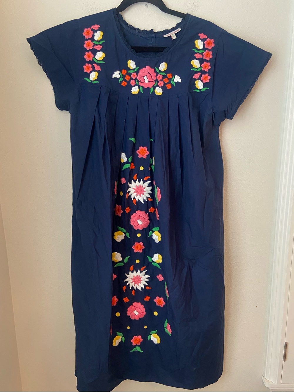 Frances Valentine Navy Blue Pleated Lace Trim Cotton Dress Size Large